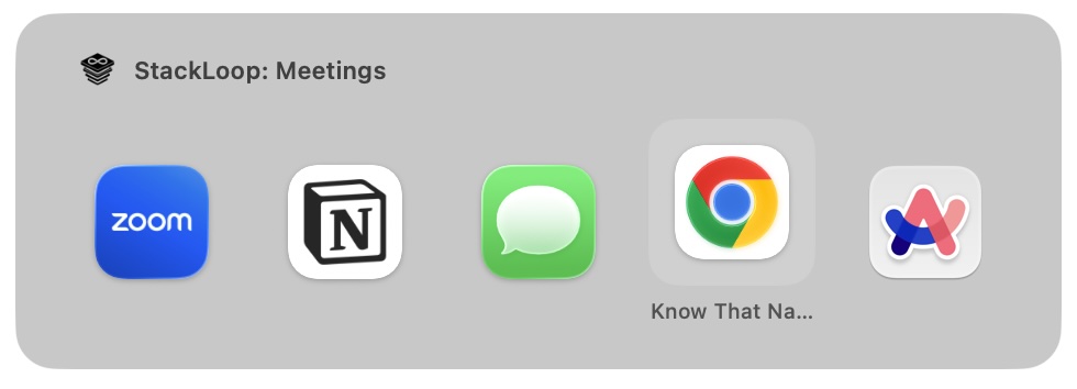 StackLoop overlay showing app icons for the Meetings stack