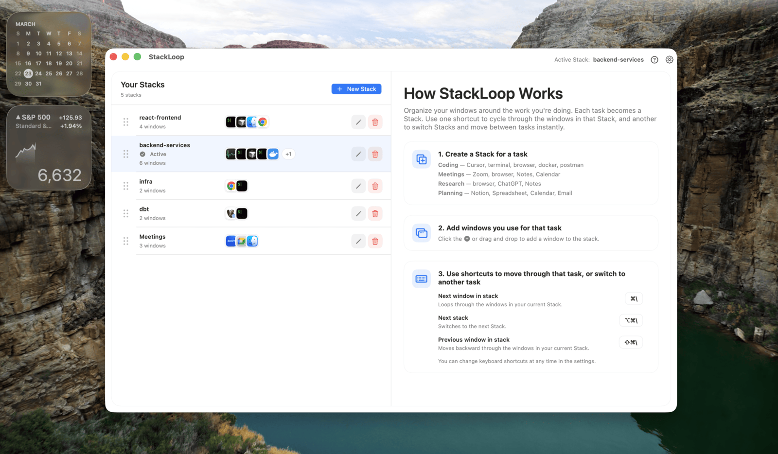 StackLoop main screen showing stacks organized by project and task