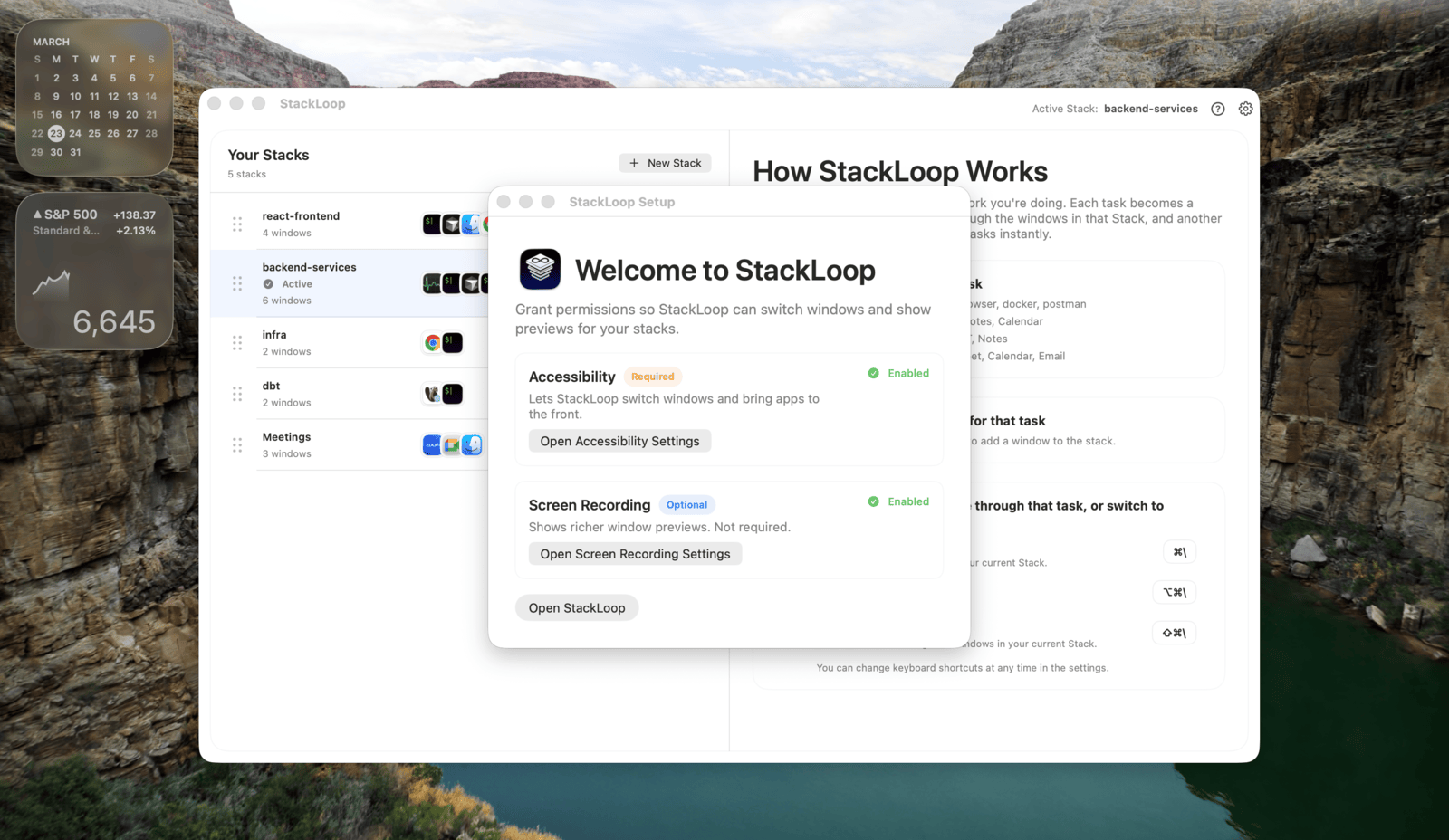 StackLoop onboarding screen introducing the app setup