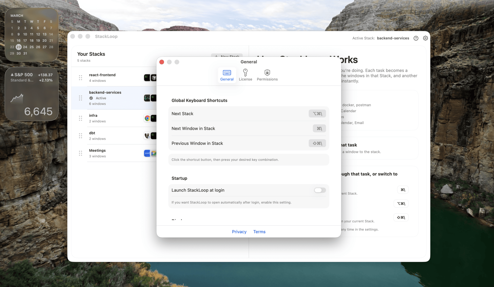 StackLoop settings screen for customizing shortcuts and app behavior