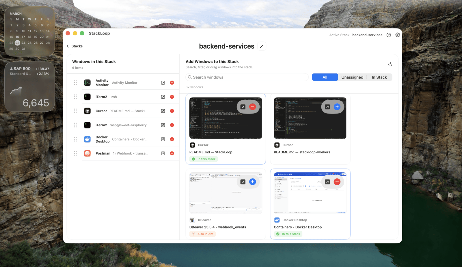 StackLoop stack detail view showing windows in a stack