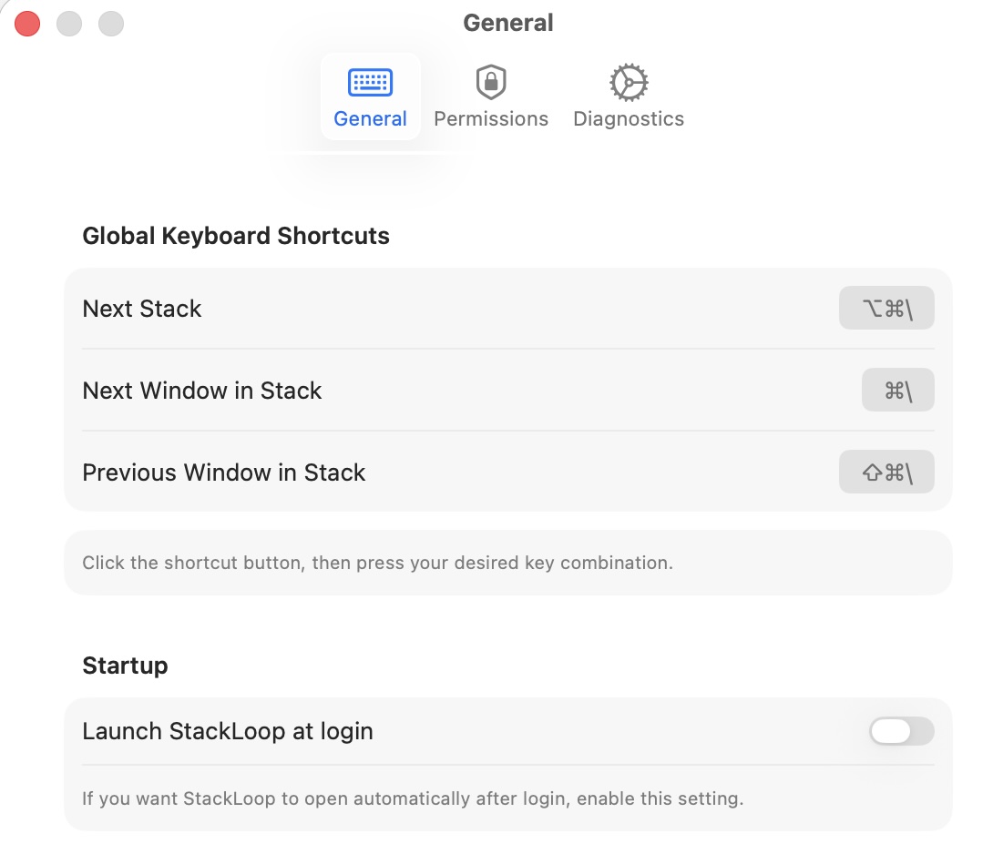 StackLoop Settings — customize keyboard shortcuts